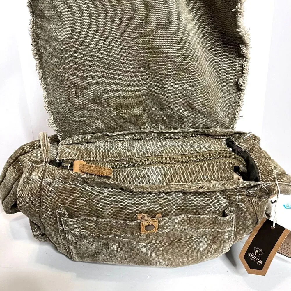 Scruffy Dog Trading Co Vtg Messenger Khaki Canvas Tan Leather Shoulder Bag